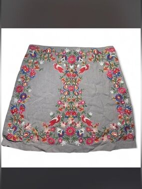 Altar'd State Gray Mini Skirt with Multicolor Floral & Bird Embroidery